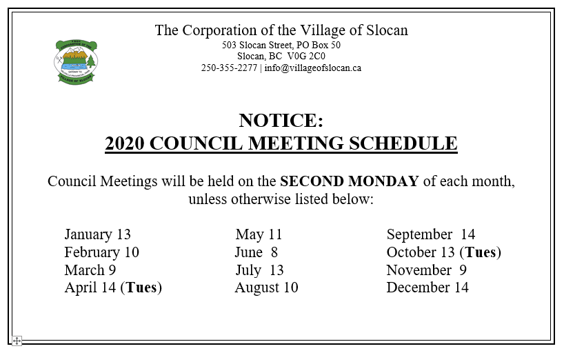 2020 Council Meeting Schedule